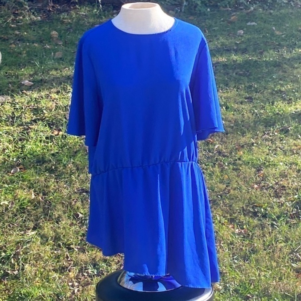 beige by eci royal blue asymmetrical blouse, crew neck, short sleeve - Picture 2 of 9